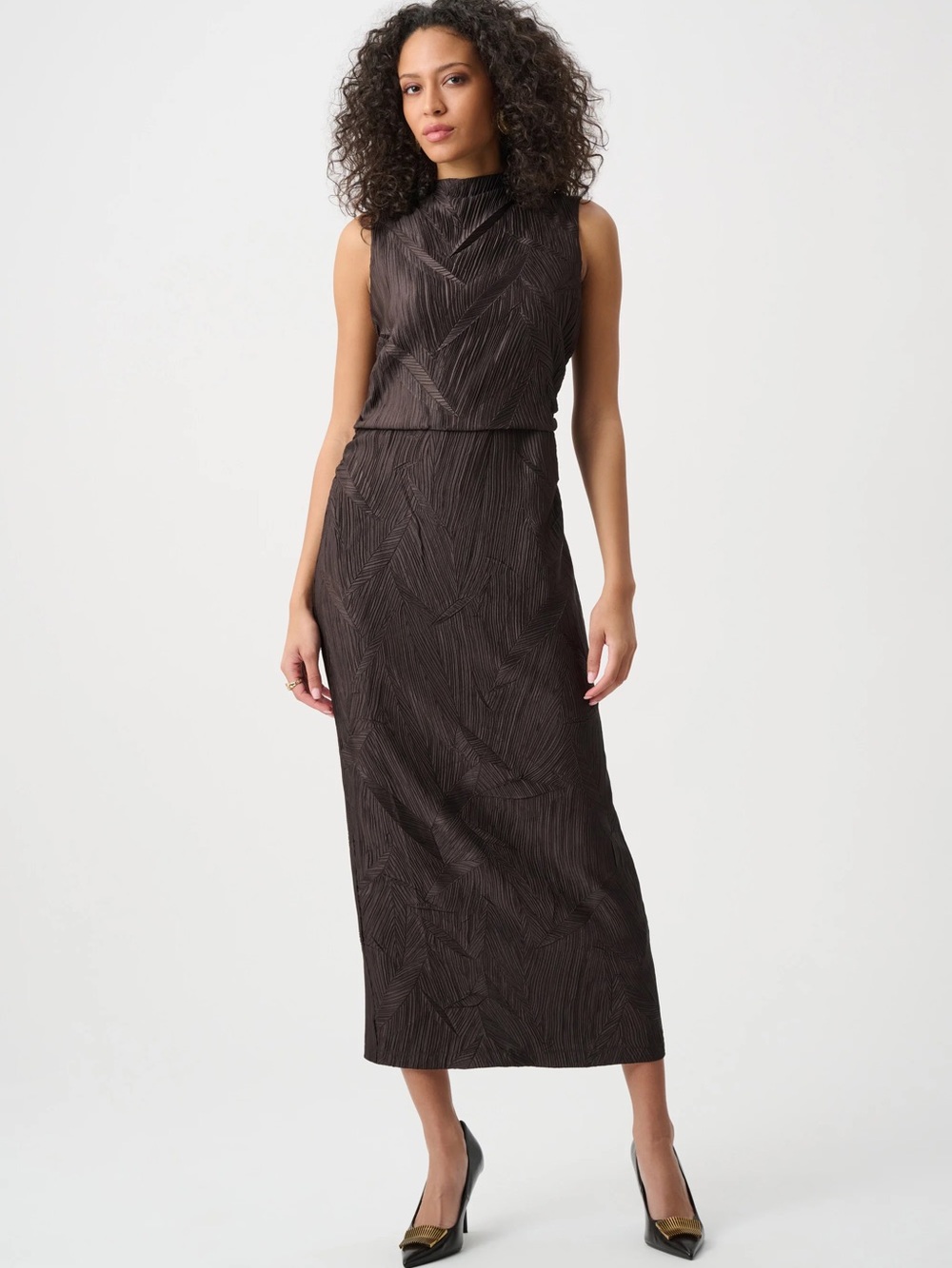 Joseph Ribkoff Sleeveless Textured Midi Dress in Brown